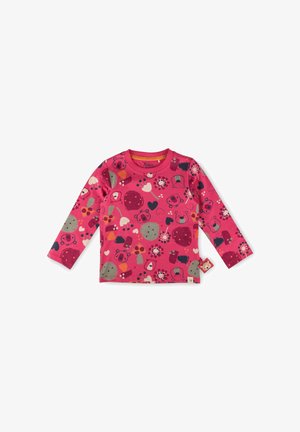 Langärmliges rosa Hemd mit verschiedenen bunten Mustern, darunter Tiere und Formen. Hergestellt aus weichem Stoff mit rundem Ausschnitt und seitlichem Etikett.