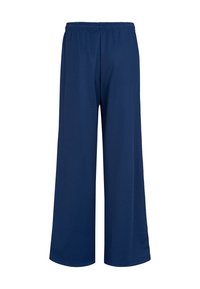 Pantalons larges marine en tissu doux, dotés d'une taille élastique et d'une coupe arrivant aux chevilles, avec une texture lisse et sans motifs visibles.