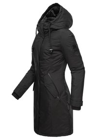 Černá parka s kapucí, zipovými kapsami, nastavovací šňůrkou a žebrovanými manžetami; hladký matný povrch s minimalistickým designem.