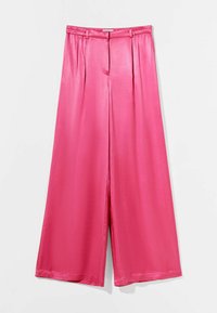 Pink wide-leg trousers in a shiny, satin-like material. Features an elastic waistband and front pleats. Straight cut with no visible fastenings.