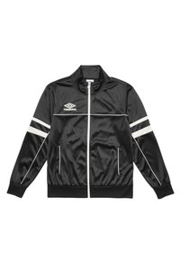Giacca da track in satin nera con colletto alto, zip frontale, strisce bianche sulle maniche e due tasche laterali. Logo sul petto.