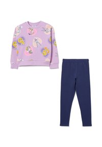 Felpa viola per bambini con personaggi dei Looney Tunes e leggings blu navy, su sfondo bianco.
