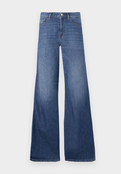 Wide-leg denim jeans in a medium blue wash, featuring five pockets, belt loops, and a button closure. Smooth texture with a slight fade.