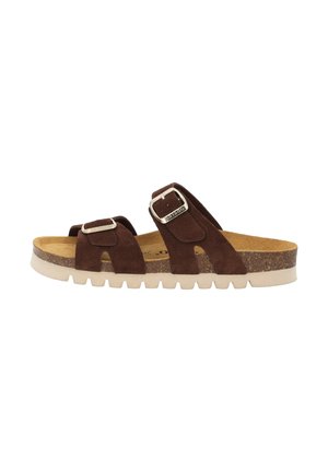 Brown suede slide sandal with two adjustable silver buckles and a beige textured sole with grip treads.