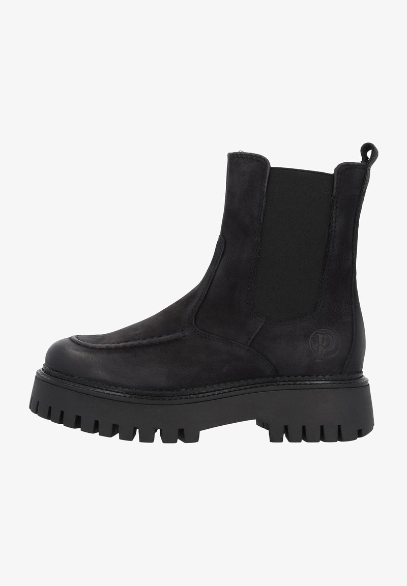 Botín de cuero negro hasta el tobillo con paneles laterales elásticos, puntera redonda, suela de goma gruesa con un diseño rugoso y costuras decorativas.