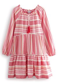 Vestido de patrones rosa y blanco con mangas largas, diseño de volantes en capas, escote elástico y detalles de borlas rojas. Material de algodón.