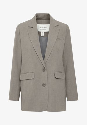 Blazer gris con un diseño estructurado, que presenta un cuello de muesca, dos bolsillos frontales y cierre de doble botón. Textura de tela suave.