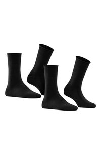 Black socks made of a smooth, stretchy fabric. Ankle and crew styles with ribbed cuffs. Minimalist design without patterns or embellishments.