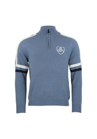Pull-over bleu clair avec un col montant, une fermeture éclair mi-longue, et des rayures blanches et bleu marine sur les manches. Présente un logo sur la poitrine.