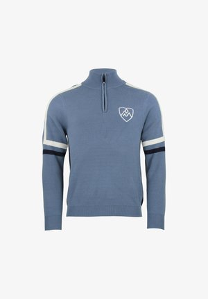 Pull-over bleu clair avec un col montant, une fermeture éclair mi-longue, et des rayures blanches et bleu marine sur les manches. Présente un logo sur la poitrine.