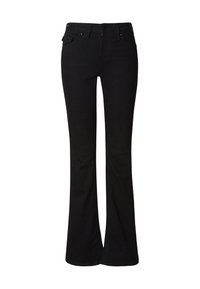 Zwarte flare jeans gemaakt van denim. Voorzien van vijf zakken, riemlussen en een ritssluiting met knoop. Gladde textuur en klassieke pasvorm.