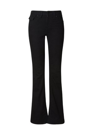 Jeans negros acampanados hechos de mezclilla. Cuentan con cinco bolsillos, trabillas para cinturón y cierre de cremallera con botón. Textura lisa y corte clásico.