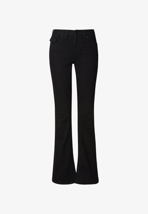 Mustad laiade sääreosadega teksad, valmistatud teksariidest. Omavad viit taskut, vöökaarte ja tõmblukuga esilõhikut, mis kinnitub nupuga. Sile tekstuur ja klassikaline lõige.