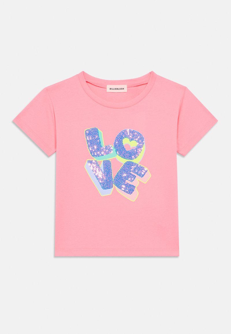 Ροζ κοντομάνικη μπλούζα με τη λέξη «LOVE» σε πολύχρωμα γράμματα με υφή, με λαμπερό φινίρισμα και αντίθετο περίγραμμα.