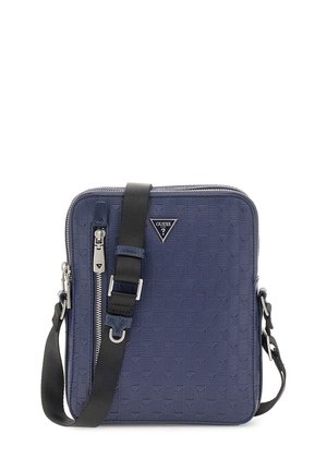 Sac croisé carré bleu marine en matériau texturé, doté d'une fermeture éclair, d'une bandoulière ajustable et d'une plaque logo à l'avant.