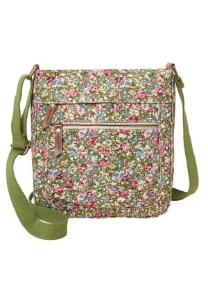 Kleine rechteckige Umhängetasche mit grünem Stoffriemen, rosa-blauem Blumenmuster, Frontreißverschlusstasche und Lederreißverschlusszügen.