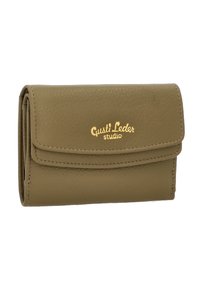 Olive green leather wallet with a textured finish, foldover design, gold branding "Gusti Leder studio," and sewn edges. Compact and functional.