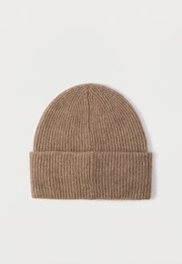 Brown ribbed knit beanie made of soft wool blend. Features a turned-up cuff design and a smooth texture.