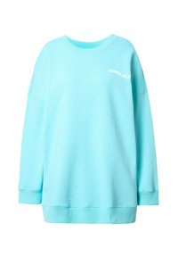 Sudadera de gran tamaño color azul claro, hecha de una mezcla de algodón, con cuello redondo y texto "HONOLULU" en blanco en el pecho.