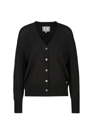 Zwarte cardigan met lange mouwen, vijf knopen, V-hals, geribbelde manchetten en zoom, en een klein goudkleurig logo-label aan de linkerkant.