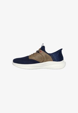 Navy and brown athletic sneaker with breathable mesh, perforated side panels, white cushioned sole, and pull tab on the tongue and heel.