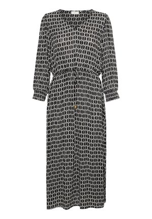 Zwart-wit geometrisch patroon midi-jurk met lange mouwen, elastische manchetten, ronde halslijn en een taille met trekkoord en gouden accenten.