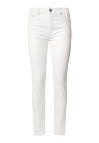 Hvite denim skinny jeans med en tettsittende silhuett, standard fem-lommers design, ensfarget tekstur og en liten metallknapp i livet.