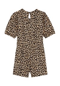 Rompers s uzorkom leoparda s okruglim izrezom, kratkim rukavima, elastičnom strukom i potpisnim dugmetom na leđima.