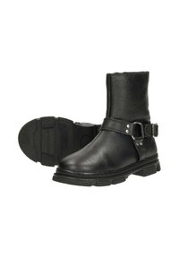 Zwarte leren enkelboots met een textuurafwerking, een accent met een gesp en een robuuste rubberen zool met geprofileerde patronen.