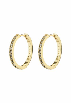Gold hoop earrings featuring a row of clear rhinestones along the front edge, smooth metallic finish, and a secure hinged closure.
