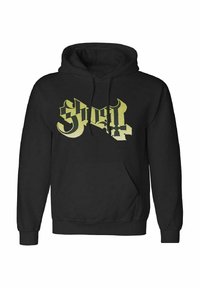 Svart hettegenser med kengurulomme foran. Har stor gul gotisk skrift. Materialet ser mykt og koselig ut.