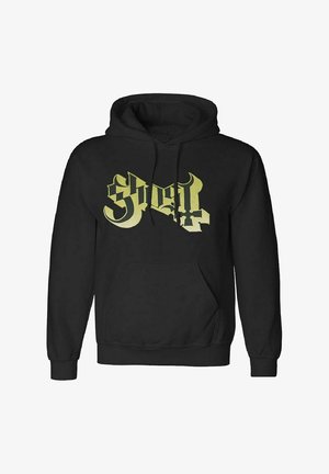 Sort hættetrøje med en frontlomme i kengurustil. Har store gule gotiske bogstaver. Materialet ser blødt og hyggeligt ud.