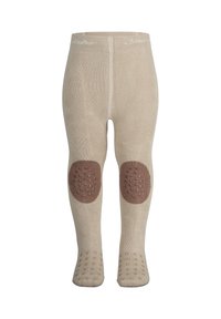 Beige Strumpfhosen aus Strick mit strukturierten braunen Knieflicken und rutschfesten Griffen an den Sohlen, mit einem weichen, komfortablen Finish.