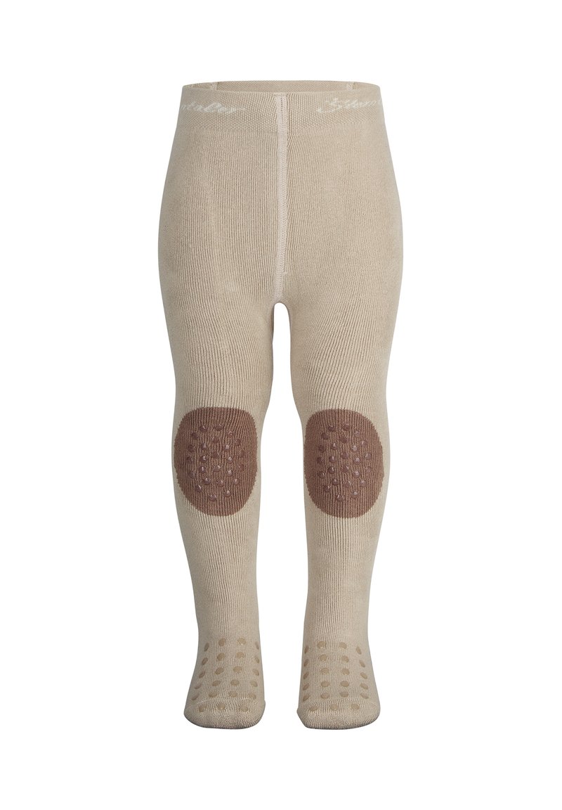 Beige Strumpfhosen aus Strick mit strukturierten braunen Knieflicken und rutschfesten Griffen an den Sohlen, mit einem weichen, komfortablen Finish.