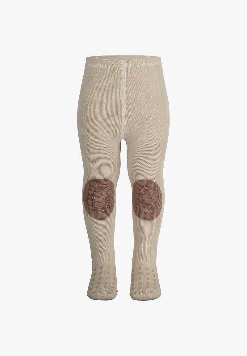 Beige Strumpfhosen aus Strick mit strukturierten braunen Knieflicken und rutschfesten Griffen an den Sohlen, mit einem weichen, komfortablen Finish.