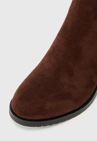 Braune Wildleder-Ankle-Boots mit runder Zehenform und schwarzer Gummisohle. Das Obermaterial ist glatt und weist ein nahtloses Design ohne sichtbare Akzente auf.