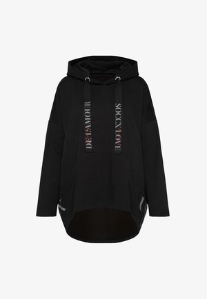 Black oversized hoodie made of soft fabric featuring long sleeves, a kangaroo pocket, and distinctive drawstrings with printed text.