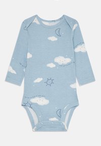 Light blue baby bodysuit with long sleeves, featuring cloud and sun patterns, snap closure at the bottom, and soft cotton texture.