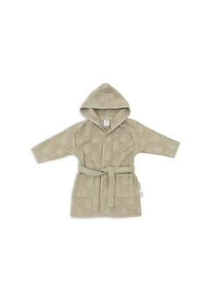 Bademantel in hellbeige, mit Kapuze, langen Ärmeln und einem Gürtel in der Taille. Weicher Stoff mit einem dezenten Muster und zwei vorderen Taschen.