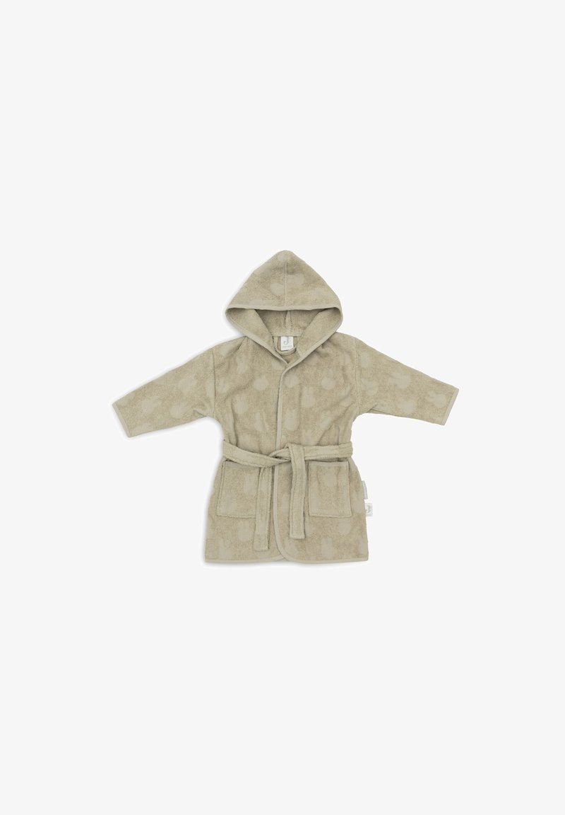 Handdoekjas in lichtbeige, met een kap, lange mouwen en een tailleband. Zachte textuur met een subtiel patroon en twee voorzakken.