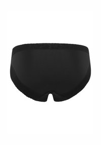 Black hipster underwear with a smooth, stretchy fabric; features a lace trim at the waistband and rounded back design, providing full coverage.