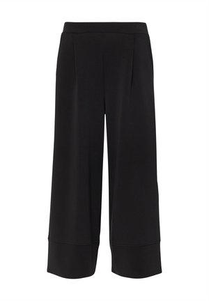 Czarne, szerokie spodnie z krótkimi nogawkami, z podkreślonym pasem i mankietami na dole, zaprojektowane dla luźnego, wygodnego dopasowania.