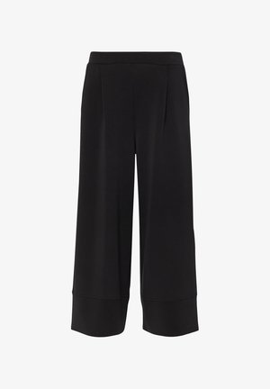 Pantalon noir ample à jambes larges et longueur raccourcie, avec taille ajustée et ourlets retroussés, conçu pour une coupe ample et confortable.