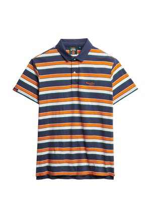 Polo a righe in navy, arancione, verde e bianco. Presenta un colletto, tre bottoni e un piccolo logo sul petto. Materiale in cotone.