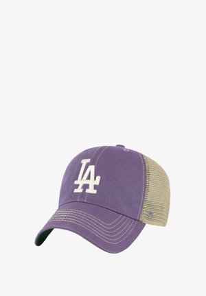 Lila Baseballcap mit weißem eingesticktem "LA"-Logo, beigem Netzstoffrücken, gebogenem Schirm und sichtbaren Nähdetails.