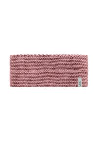 Knitted ear warmer in soft pink with a textured design. Features a small brand tag on one side, suitable for cold weather.