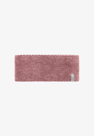 Knitted ear warmer in soft pink with a textured design. Features a small brand tag on one side, suitable for cold weather.