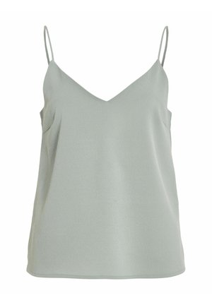 Camisola a V in verde chiaro, realizzata in un tessuto testurizzato. Presenta sottili spalline a spirale e una vestibilità ampia.