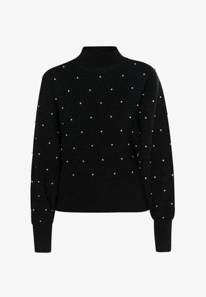 Černý pletený svetr s vysokým výstřihem, který má rovnoměrně rozmístěné ozdobné perly po těle a rukávech. Strukturovaný design.