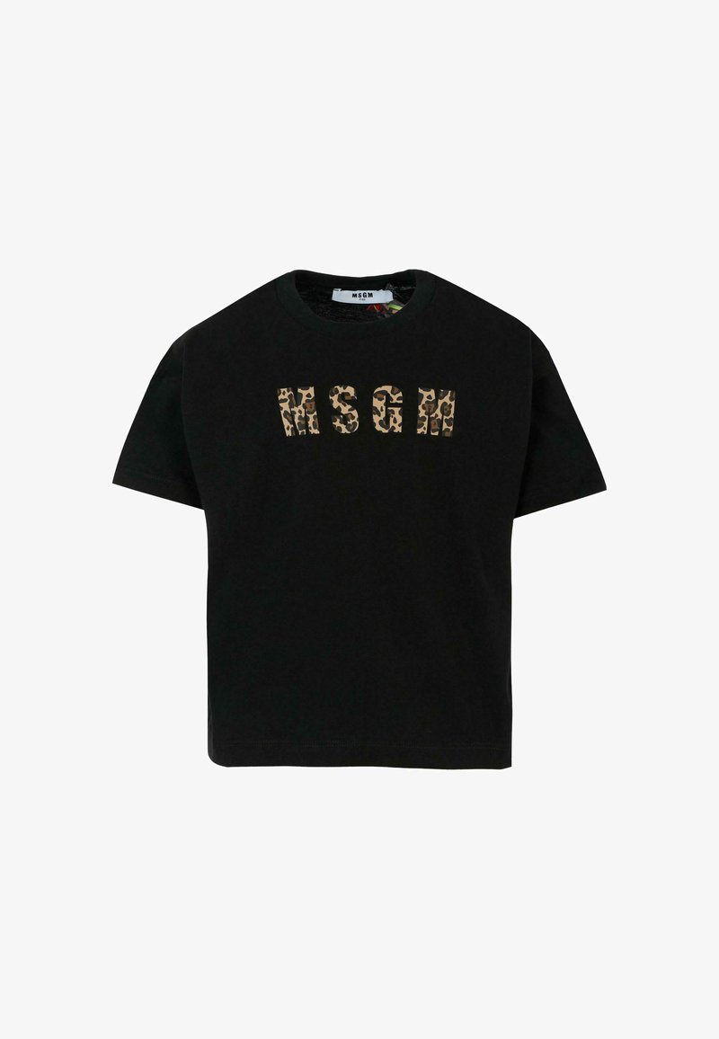 Zwarte katoenen t-shirt met het 'MSGM' logo in luipaardprint. Korte mouwen en een ronde hals. Eenvoudig ontwerp met een relaxte pasvorm.